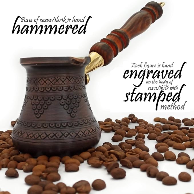 PCZ Series (Small-6 fl.oz) Thickest Solid Copper Engraved/Stamped Turkish Greek Arabic Coffee Pot with Wooden Handle, Stovetop Coffee Maker Cezve Jezve Jazva Jazzve Ibrik Briki (Antique)