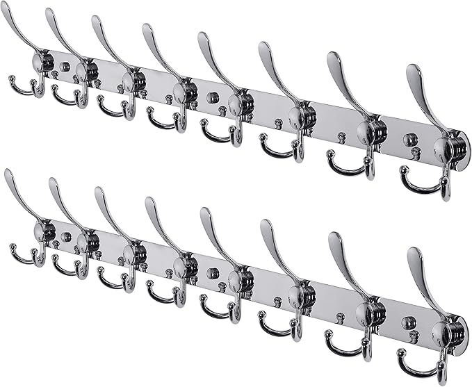 Dseap Coat Rack Wall Mount - 29.5” Long 8-Tri-Hooks Heavy Duty Coat Hanger Rail Wall Hooks for Hanging Coats Hats Clothing Clothes Purse Mudroom Entryway, Chromed, Pack of 2