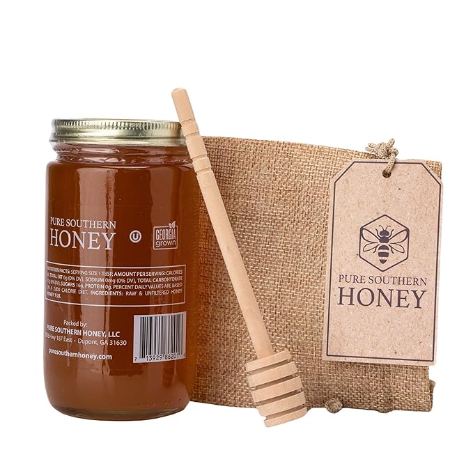 100% Authentic, USA - Made Raw Unfiltered Gourmet Honey Gift Set with Dipper by Pure Southern Honey [ 1 lb] - Unheated - Non - GMO, No Additives, All - Natural Sweetener- Environmental-Friendly Glass Jar