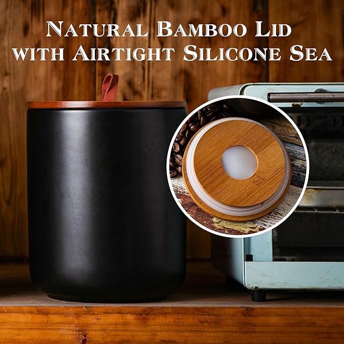 JOJUNO Black Ceramic Food Storage Canister Set (30 oz, 48 oz, 82 oz) with Bamboo Lids, 3-Piece Airtight Jars for Flour, Sugar, Coffee, Tea, Oats, Spice – Kitchen Storage Containers with Lids