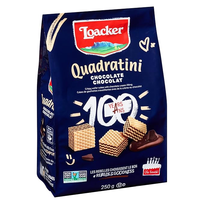 Loacker Quadratini Chocolate Wafer Cookies - 30% Less Sugar - Premium Crispy Bite Size Wafers With Chocolate Cream Filling - Resealable Family Pack - Non-Gmo - Fine Flavor Cocoa From Our Sustainable Farming Program - Large Snack Bag 250G/8.82Oz