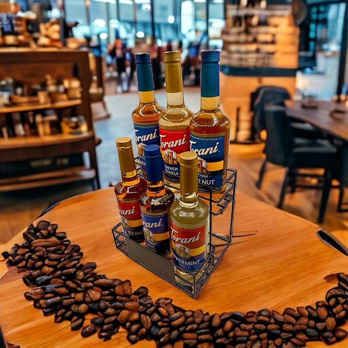 Liquor Organizer Coffee Syrup Rack - Premium Wine Bottle Rack, bar Organizer Shelf Holder Syrup Stand Display for dressings, and Cocktail Mixers - 6 Bottle Capacity (Black)