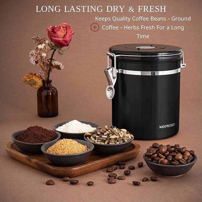 Mixpresso 16 Oz Black Coffee Canister, Stainless Steel Airtight Coffee Container, Air tight Jar Tea Storage with Date Tracker, Vacuum Sealed Espresso Airtight Canister, Sugar Container for Home