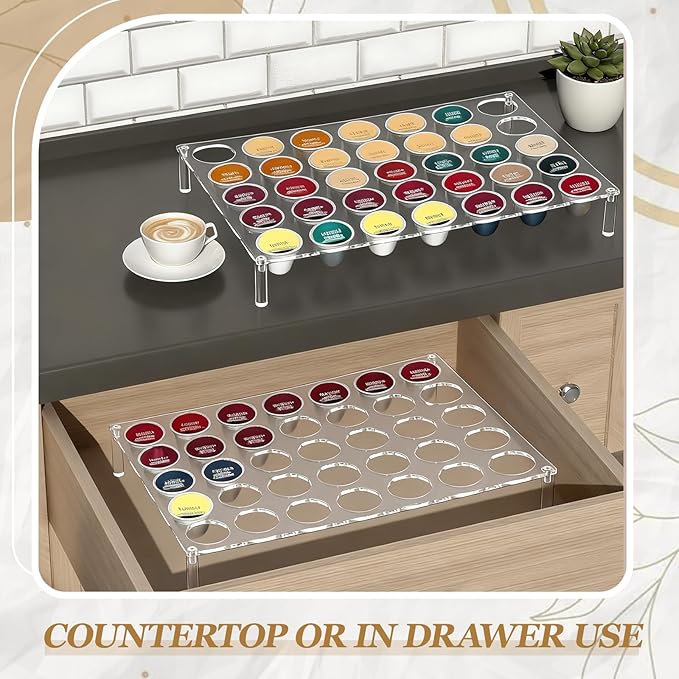 2 Pcs 35-slot Acrylic Coffee Cup Drawer Organizers, Clear Coffee Pod Holder for Countertop Hold 70 Pod Storage, Cup Organizer Tray for Kitchen and Office