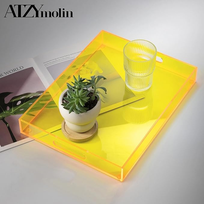 16"x12" Large Acrylic Serving Tray Decorative Ottoman Coffee Table Vanity Tray Tea Fruit Platter Snack Appetizer Dessert Drink with Handles for Bar Kitchen Party, Neon Yellow