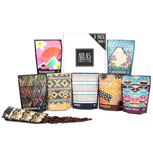 Atlas Coffee Club World of Coffee Discovery Set - Gourmet Coffee Gift Sampler - 8-Pack Variety Box of the World’s Best Single Origin Coffees - Whole Bean