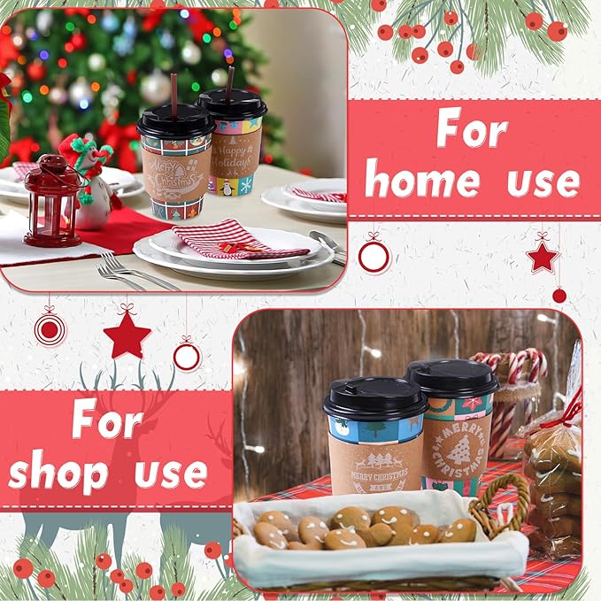 Remerry 100 Sets 400 Pcs 12 oz Christmas Disposable Coffee Cups with Lid, Straws and Sleeves Snowflake Reindeer Snowman Paper Cups Xmas Party Supplies for Hot Drink Cold Beverage(Christmas Style)