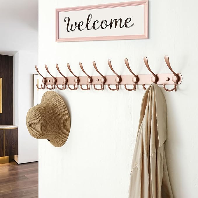 Dseap Coat Rack Wall Mount - 38” Long 10-Tri-Hooks Heavy Duty Coat Hanger Rail Wall Hooks for Hanging Coats Hats Clothing Clothes Purse Mudroom Entryway, Rose Gold, Pack of 2