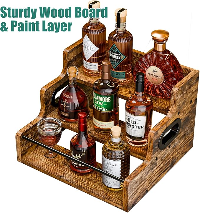 KLM Liquor Bottle Display Shelf, Coffee Syrup Rack Organizer, 3 Step Countertop Wine Rack, Mini Bar, Retro Bar Shelf Stand for Whiskey, Spirits