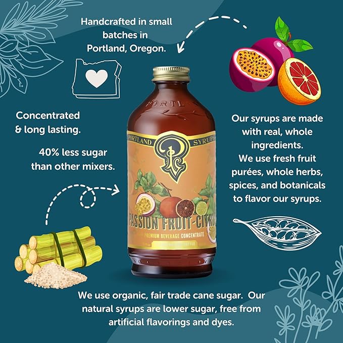 Portland Syrups Citrus-Passion Syrup - Craft Tropical Sensations for Cocktails, Mocktails, Soda, and More - 12 oz with 12 Servings (Pack of 2)