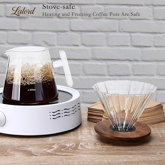 Pour Over Coffee Maker, 20 oz Borosilicate Glass Set with 100 pcs Paper Filter, Walnut Collar & Glass Lid, Drip Coffee Maker, 1-3 Cups, Clear, 600 ml, Petal Shape