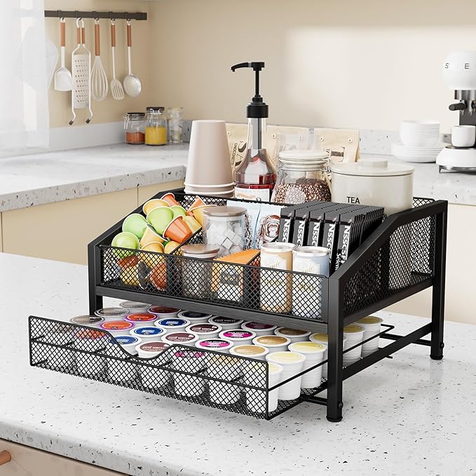Coffee Bar Organizer - Coffee Station for Countertop, Metal and Wood K Cup holder Storage Basket with Drawer for Syrup, Cups, Stirrer, Condiment, Tea Organizer, Black