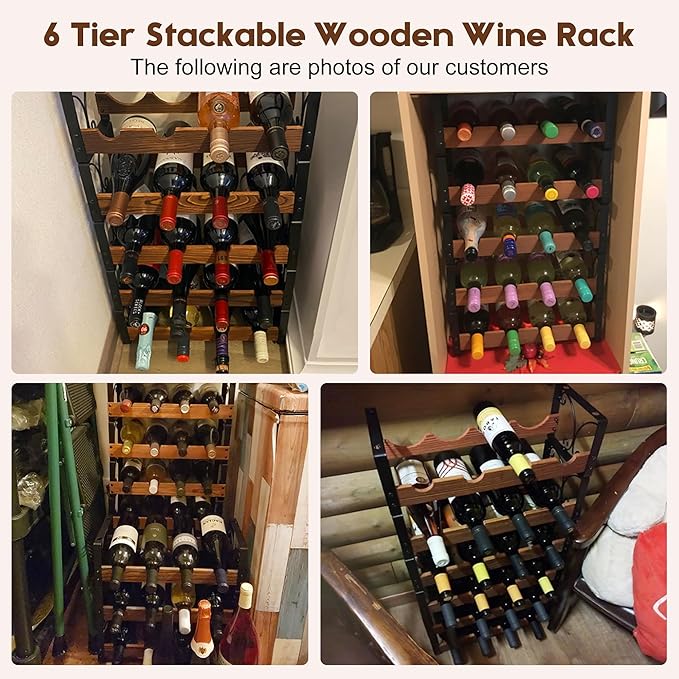 X-cosrack Wine Racks Free Standing Floor, 6-Tier 24 Bottles Wine Rack for Cabinet, Wood & Metal Wine Stackable Rack, Wine Bottle Holder for Wine Cellar, Wine Storage for Home Bar & Kitchen