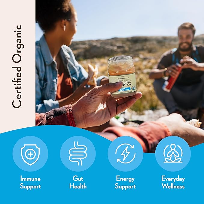 Wedderspoon Raw Premium USDA Certified Organic Manuka Honey, 50+ MGO, 8.8 Oz, Unpasteurized New Zealand Honey, From Our Hives to Your Home