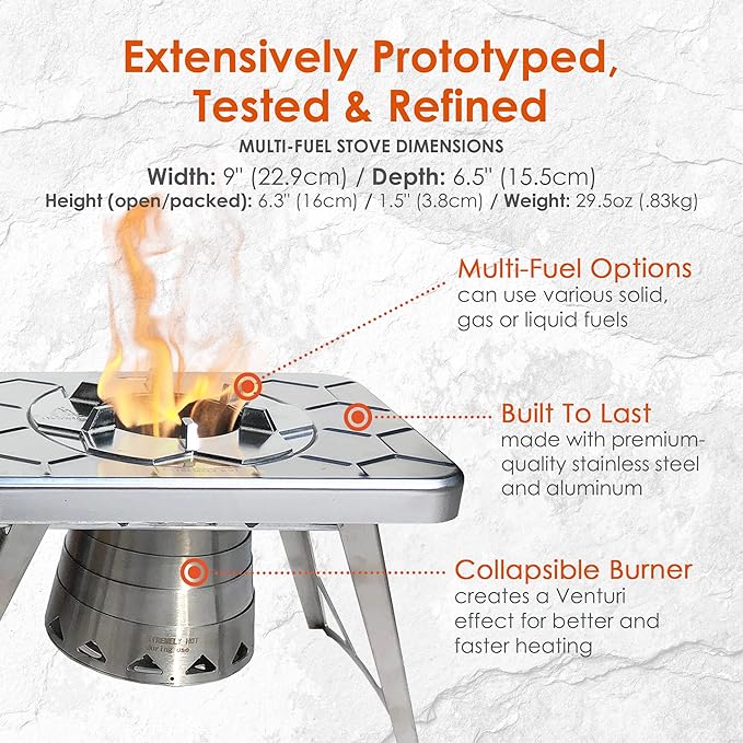 nCamp Kitchen to Go 5 Piece Bundle, Portable Compact Multi-Fuel Burning Camping Stove, ISO Propane Adapter, Elevated Bamboo Cutting Board Prep Surface, Cafe Coffee Maker, Carrying Bag, For Camping