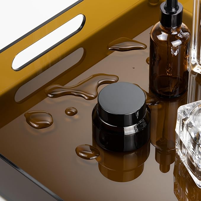 16"x12" Large Acrylic Serving Tray Decorative Ottoman Coffee Table Vanity Tray Tea Fruit Platter Snack Appetizer Dessert Drink with Handles for Bar Kitchen Party, Amber