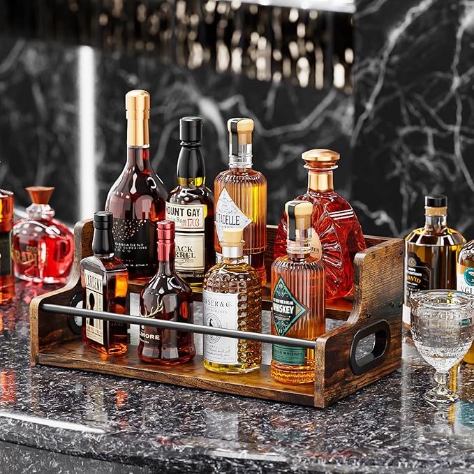 KLM Liquor Bottle Display Shelf, Coffee Syrup Rack Organizer, 2 Step Countertop Liquor Wine Rack, mini bar,Liquor Cabinet, Home Retro Bar Shelf Stand for Liquor Whiskey, Spirits, Brown