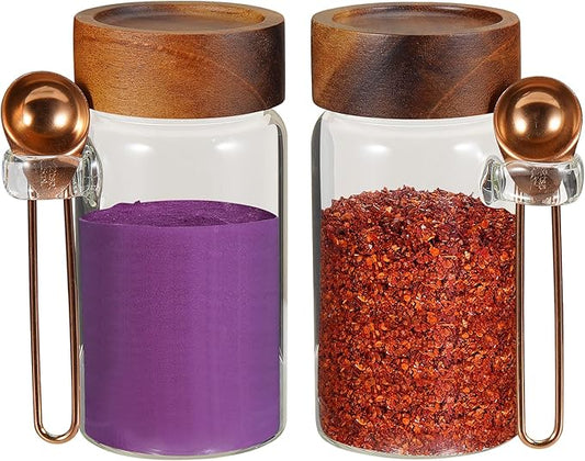Glass Coffee Jars Spice Jar Round Storage Canister with Wooden Lid Clear Glass Food Jar for Pantry Sugar Tea Coffee Bean Spice Nuts Cookies Bath Salts (2×250ml(8.4oz) with scoop)