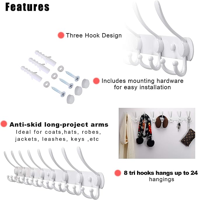 Dseap Coat Rack Wall Mount - 29.5” Long 8-Tri-Hooks Heavy Duty Coat Hanger Rail Wall Hooks for Hanging Coats Hats Clothing Clothes Purse Mudroom Entryway, White