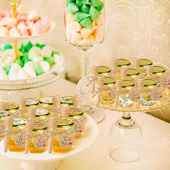 Mini Glass Honey jars with Lids-1.5oz,48 pack Honey Jars,Small Honey Jar with Dipper,Thank You Tags,Jutes Rope,Empty Glass Jars for Jams,Baby Shower, Wedding Favors, Party Favors