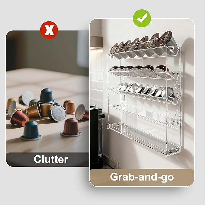 5 Tier Coffee Pod Holder for Nespresso Vertuo, Wall Mount K Cup Holder for Small Space, Clear Acrylic Coffee Pod Organizer Compatible with Most Standard Pods (30-50 Pod Storage)