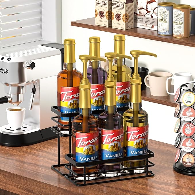Coffee Syrup Rack Organizer, Syrup Bottle Holder Stand for Coffee Bar, 2-Tier 6 Bottles Storage Shelves for Syrup, Wine, Dressing for Kitchen Countertop (6 Bottles Black)