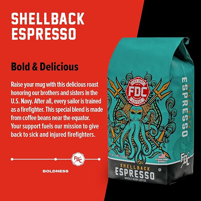 Fire Department Coffee - Gives Back to Firefighters - Bold & Smooth Shellback Espresso Coffee Beans - Roasted in the USA - Premium Espresso Beans - Veteran Owned - Bulk 5 LB