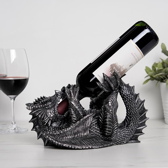 True 10143 Polyresin Dragon Wine Bottle Holder Decorative, Single Wine Bottle Holder, Wine Holder Stand, Wine Bar, Wine Decor, Set of 1, Black