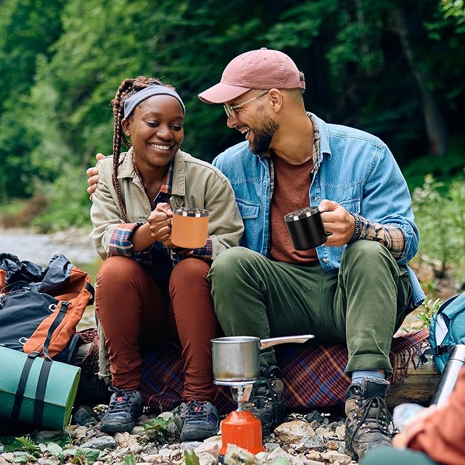 VEGOND 14 oz Insulated Coffee Mug Bulk with Handle, Stainless Steel Travel Coffee Mug with Lid, Double Wall Vacuum Metal Coffee Cup, Coffee Tumbler Powder Coated, Orange 4 Pack