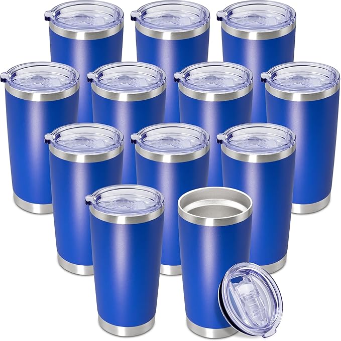 20 oz Tumbler Coffee Travel Tumblers Bulk with Lid Stainless Steel Double Wall Vacuum Insulated Mug Powder Coated Cups fit Car Cupholder for Hot and Cold - Dark Blue, 12Pack