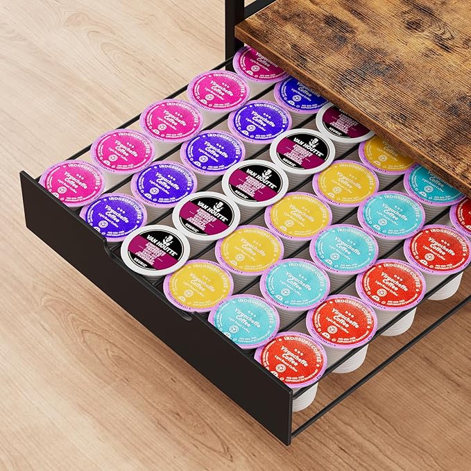 Coffee Bar Organizer Countertop, 2 Tier Mug Cup Holder Stand with 12 Hooks, 30 K Cup Coffee Pod Drawer with Mug Rack, Multifunctional Shelf Organizer for Accessories Station Kitchen (Brown)