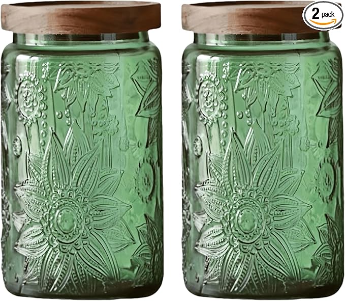 Set of 2 Vintage Glass Storage Containers, Green Glass Jars with Solid Wood Lids, 34 FL OZ Decorative Jars for Kitchen Storage Cabinets for Coffee, Jam, Nuts, Pasta, Cookie (Green Sunflower)