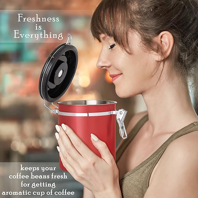 Mixpresso 16 Oz Red Coffee Canister, Stainless Steel Airtight Coffee Container, Air tight Jar Tea Storage with Date Tracker, Vacuum Sealed Espresso Airtight Canister, Sugar Container for Home
