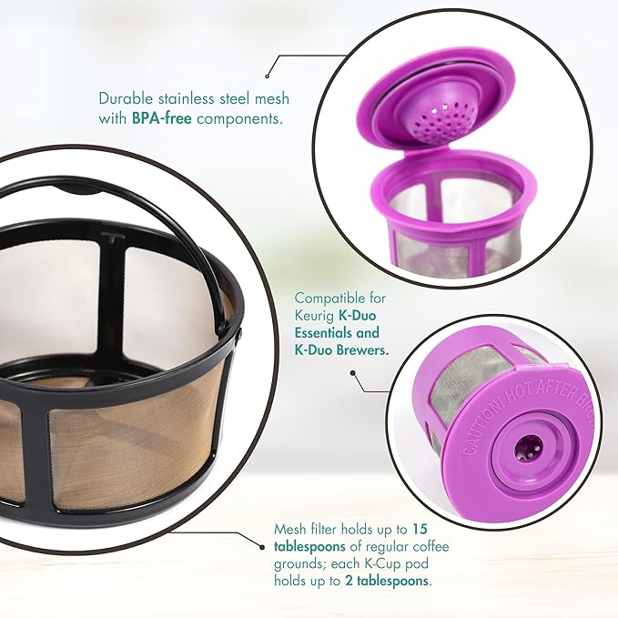 Reusable Mesh Ground Coffee Filter Carafe for Keurig K-Duo Essentials and K Duo Brewers Machine, With 2 Refillable K Cups Pod by PureHQ - Gold Tone Mesh Filter - Value Pack