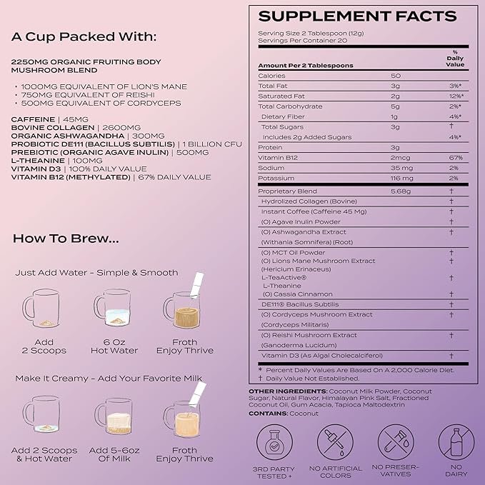 Atlas+ Latte Superblend– Instant Mushroom Coffee with Lion’s Mane, Reishi, Cordyceps, Ashwagandha, Probiotics, Vitamin D3 & B12, Coconut– for Energy, Focus, Immunity & Gut Health– 20 Servings (1 Bag)