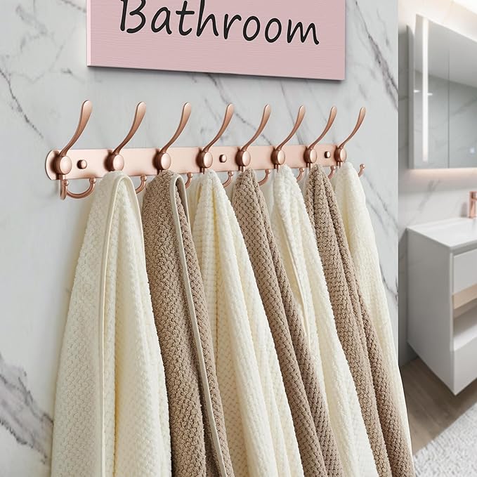 Dseap Coat Rack Wall Mount - 29.5” Long 8-Tri-Hooks Heavy Duty Coat Hanger Rail Wall Hooks for Hanging Coats Hats Clothing Clothes Purse Mudroom Entryway, Rose Gold, Pack of 2