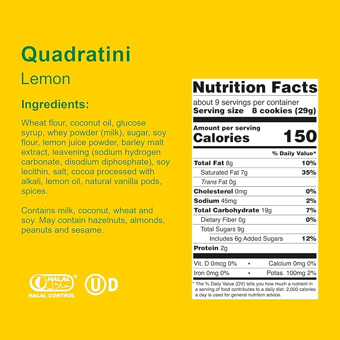 Loacker Quadratini Lemon Wafer Cookies LARGE - 30% Less Sugar - Premium Crispy Bite Size Wafers - NON-GMO - LARGE Pack of 6