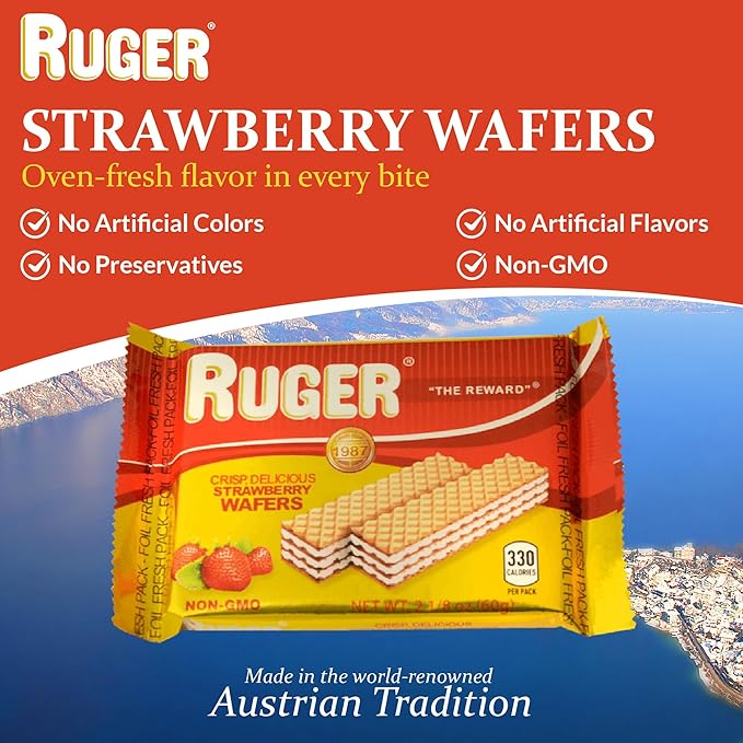 Ruger Wafers Austrian Strawberry Wafers, 2.125 Ounce (Pack of 12) - Delightfully Crisp and Creamy Strawberry Treats with Natural Ingredients and Extended Freshness, Ideal for Snacking, Desserts, and Anytime Enjoyment