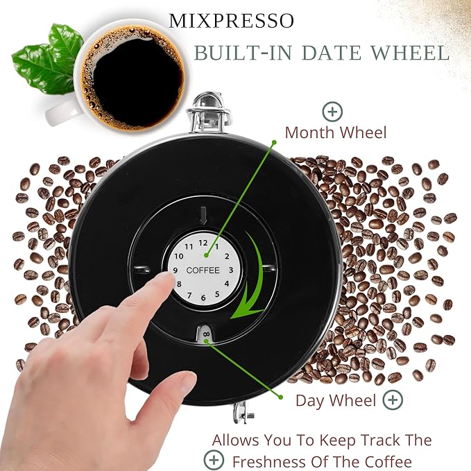Mixpresso 16 Oz Black Coffee Canister, Stainless Steel Airtight Coffee Container, Air tight Jar Tea Storage with Date Tracker, Vacuum Sealed Espresso Airtight Canister, Sugar Container for Home