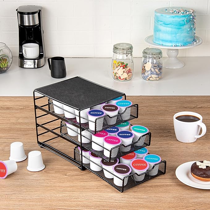 Restaurantware Restpresso 8.5 x 8.5x 7 Inch Multi-Tier Coffee Capsule Drawer 1 Heavy-Duty Pod Drawer - Holds 36 K-Cups Grip Top Iron Espresso Pod Organizer Mesh Tray Pods Not Included