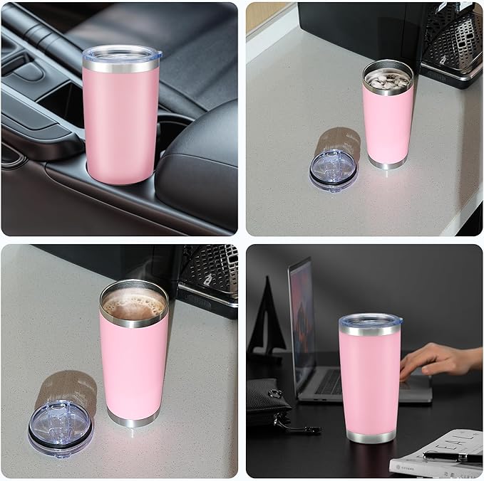 OMTech 20oz Tumblers Bulk, 12pc Stainless Steel Tumbler Set with Lid & Straw, Double Wall Vacuum Insulated Mug for Laser Engraver, Travel Coffee Mug for Hot & Cold Drinks, Pink Powder Coated Cup