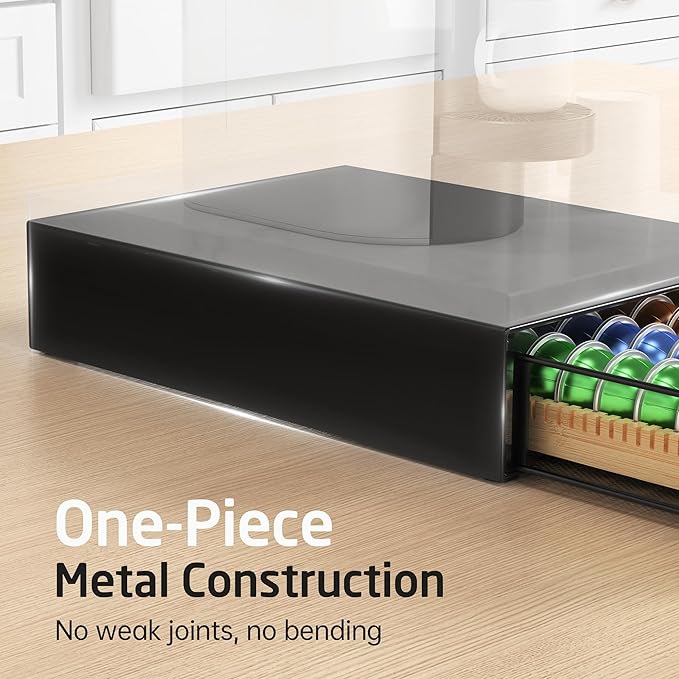 KES Natural Marble Top Coffee Pod Holder Drawer, Adjustable Metal Coffee Pod Organizer Fit All Pods Size (Nespresso Vertuo, K-cup, Nespresso Origin Capsules), 40/52Pcs Capacity, Black, KCPH503-BK