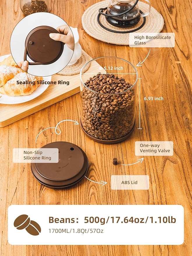 Large Coffee Canister 21 oz, Airtight Food Storage Container with Pop Lid, CO2-Release Valve, High Borosilicate Glass Contianers For Tea Coffee Bean Sugar, 1700ml