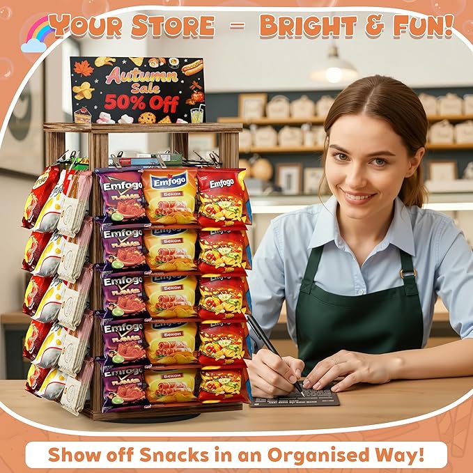 Emfogo Chip Rack Display Stand, 5-Tier Snack Organizer with 50 Clips for Office Desk, 360° Rotating Wooden Base Chip Holder, Snack Display for Concession Stand, Countertop, Party, with Message Board