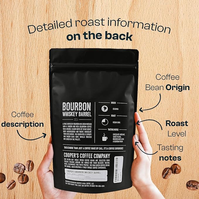 Bourbon Whiskey Barrel Aged Coffee - Whole Bean, Grade 1 Colombian Coffee Beans Aged in Kentucky Bourbon Whiskey Barrels - 2lb Bags