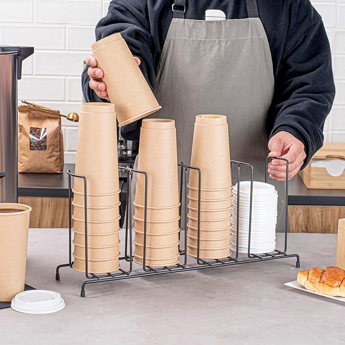 Restaurantware Restpresso 18.5 Inch x 5 Inch x 8.5 Inch Coffee Cup Organizer 1 4-Section Cup And Lid Organizer - Wire Design Compact Black Iron Wire Cup Dispenser For Countertops And Storage