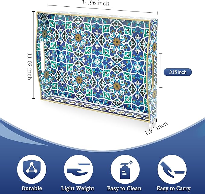 Gifturbo Serving Tray with Two Handles,Decorative Tray for Coffee Table, Plastic Rectangular Durable Serving Trays for Living Room, Bathroom, Outdoors, Blue