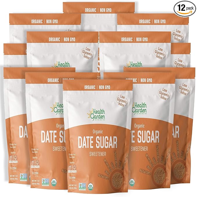 Health Garden Date Sugar, 16 Oz x 12, Organic Date Sugar Sweetener, All-Natural Dried Ground Dates, Rich in Vitamins and Minerals, No Gluten, Non-GMO, Low Glycemic Sugar Substitute (1 Lb. pack of 12)