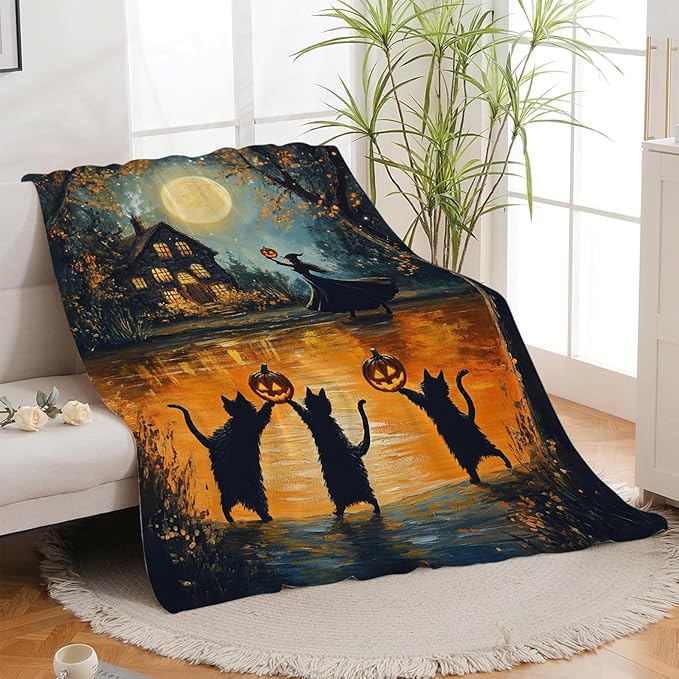 Halloween Cat Blanket, Pumpkin Black Cat Fleece Flannel Throw Blanket, Witch Soft Lightweight Stuff Throws Gifts for Women Men Boys Girls Lovers Adults Lovers Sofa Decor 60"x50"
