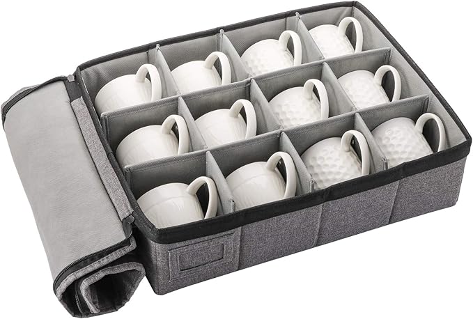 TOPZEA Cup and Mug Storage Box, China Cup Storage Box with Lid and Handles, Holds 12 Coffee Mugs and Tea Cups, Moving Boxes for Mugs and Cups, Fully-Padded Inside, Hard Shell and Stackable, Grey
